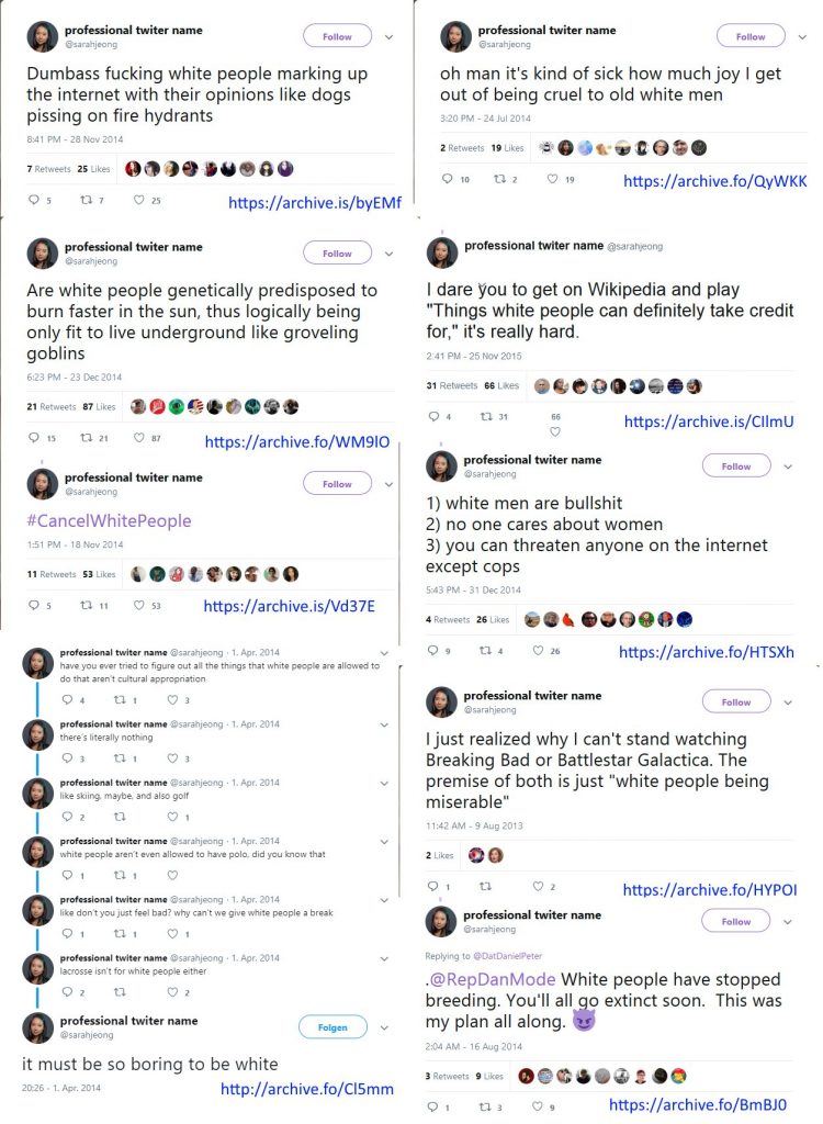 Sarah Jeong celebrates the extinction of the White race